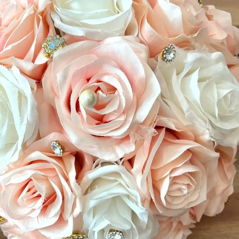 bridal wedding brooch floral bouquet pink peach ivory embellished rhinestones 9